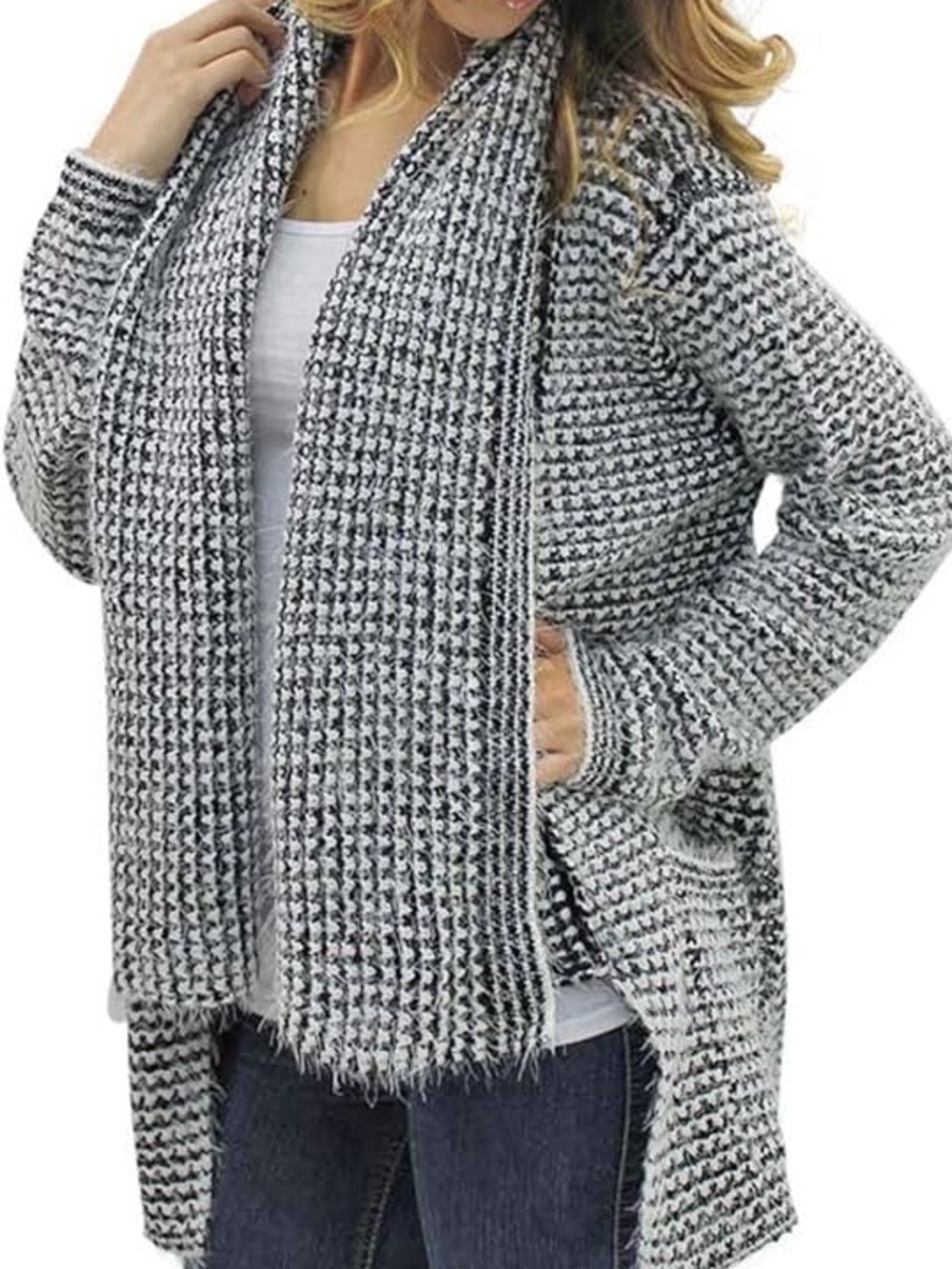 Princess Vera Wang Open-Front Marled Black & White Cardigan Fuzzy